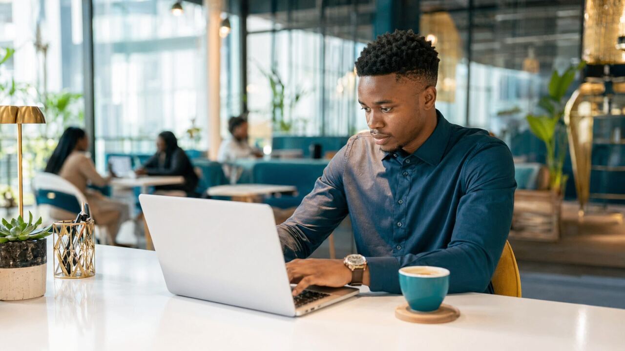 Professional working on laptop in modern coworking space