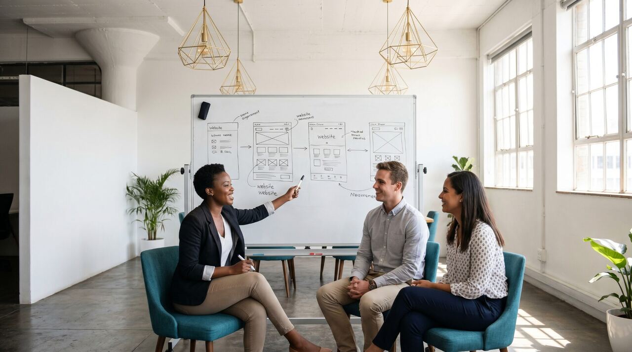 Team planning website wireframes on a whiteboard